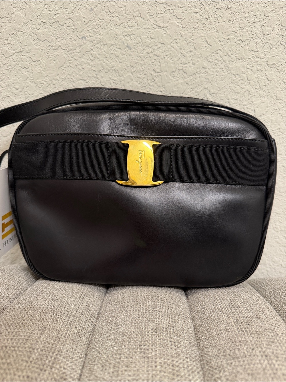 Salvatore Ferragamo Black Leather Messenger Bag with Gold Buckle